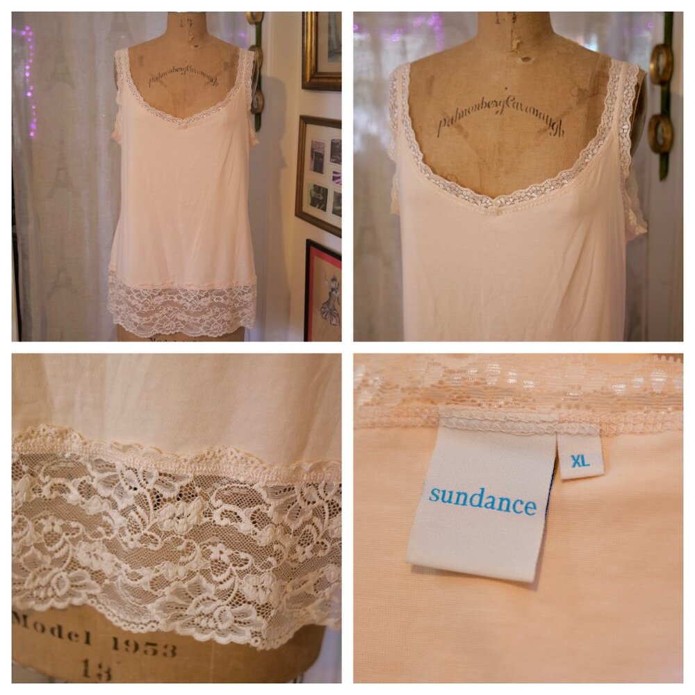 SUNDANCE Womens Wide Lace Trim Camisole Peach Y2K Undershirt Tank Top XL EUC